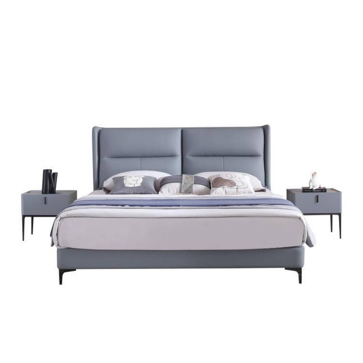 Front view of a grey modern upholstered bed with a high headboard and matching bedside tables