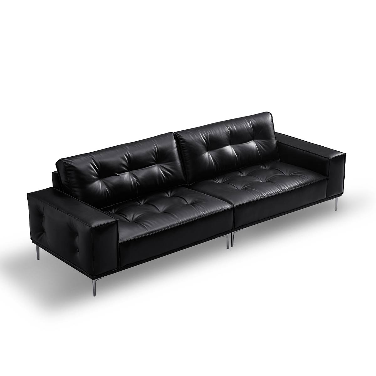 High angle view of black leather sofa showing seat depth