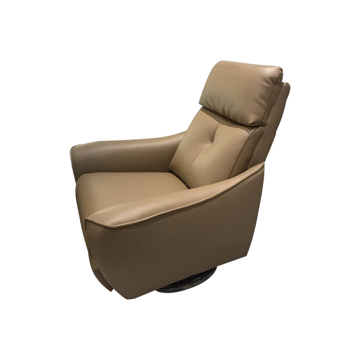 Side view of the beige electric recliner lounge chair showing the swivel base