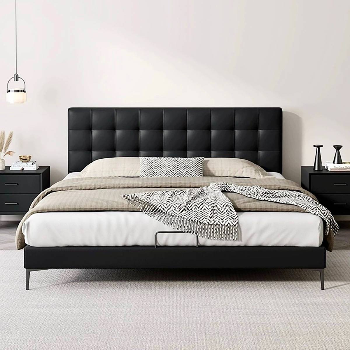 Front view of the black Barcelona bed with bedding and bedside tables