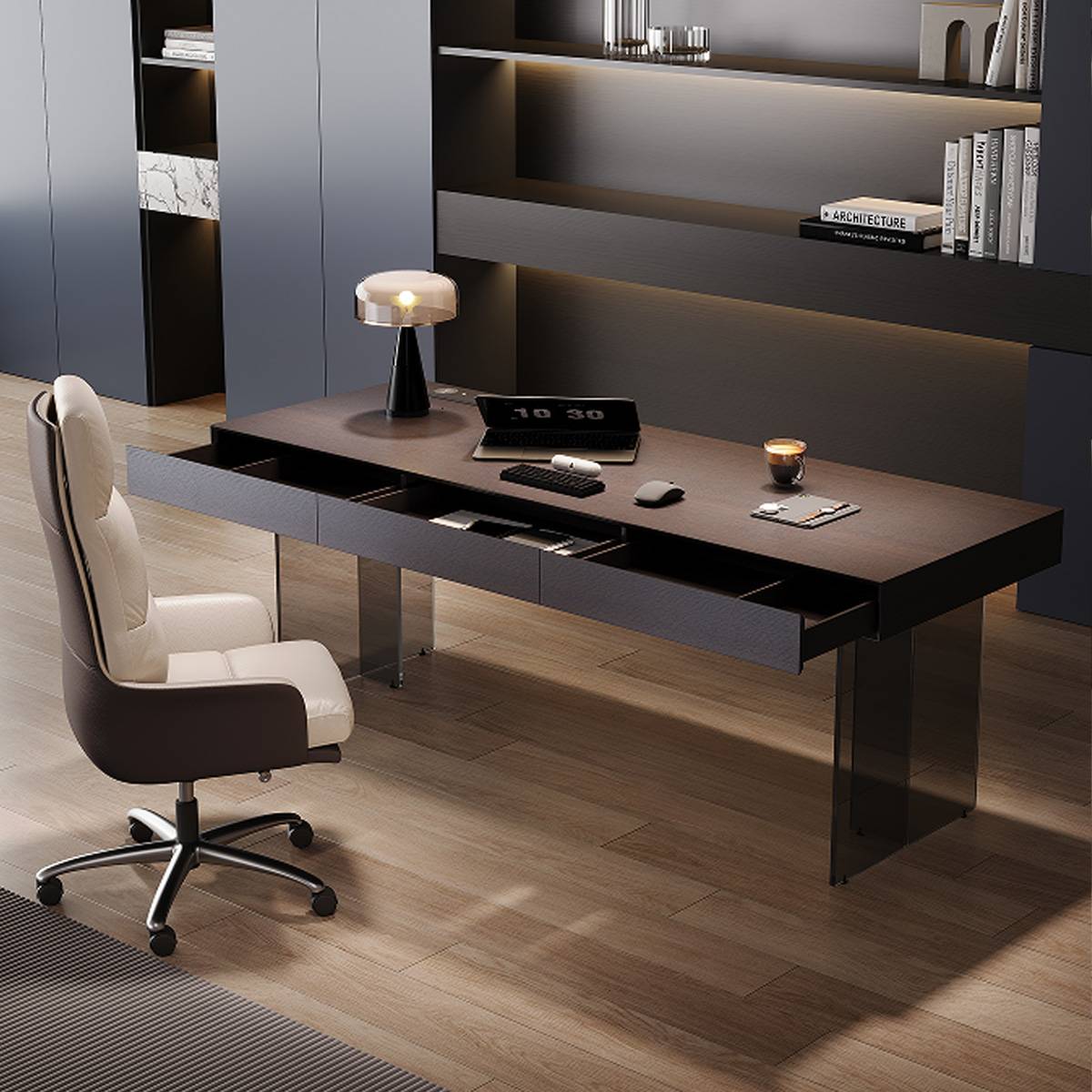 Close-up view of the desk with drawers open, revealing storage space and integrated power strip