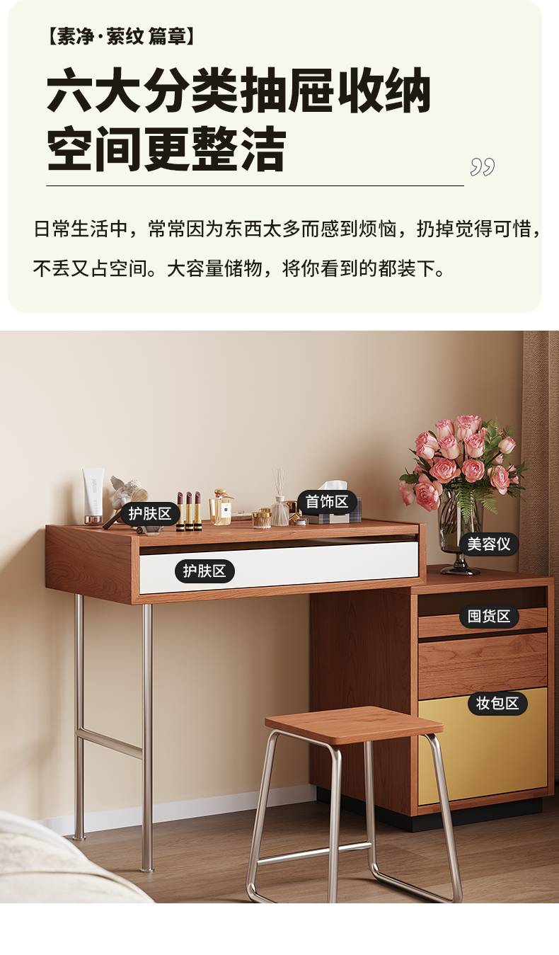 Full view of the vanity table and stool with labeled storage zones for skincare, jewelry, and makeup