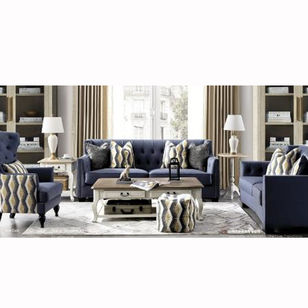 Living room setup featuring the blue sofa set