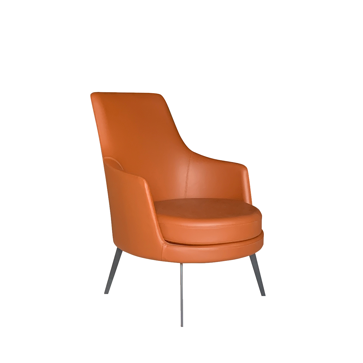 Side view of orange modern lounge chair with grey legs