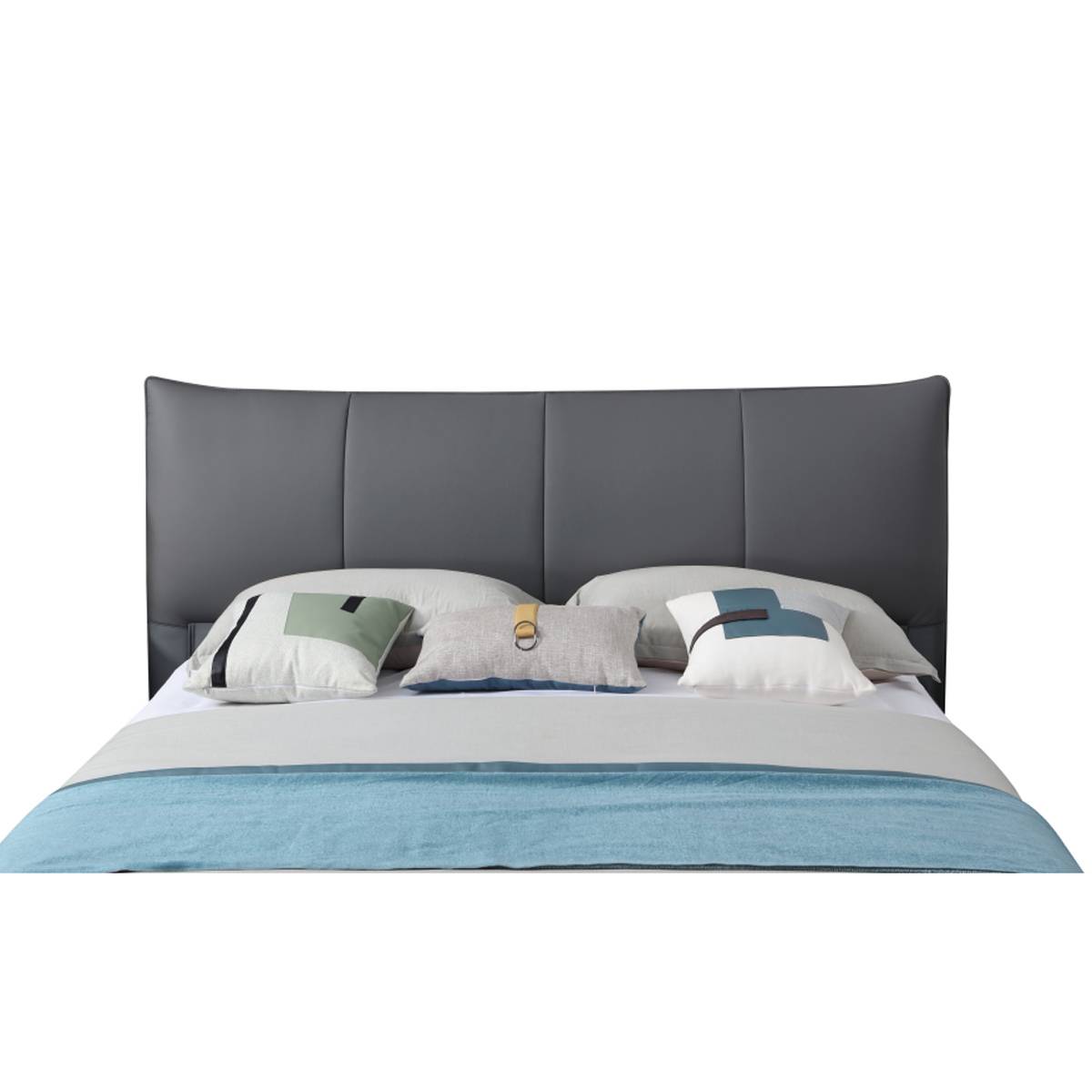 Front view of a grey upholstered bed with a padded headboard and decorative pillows