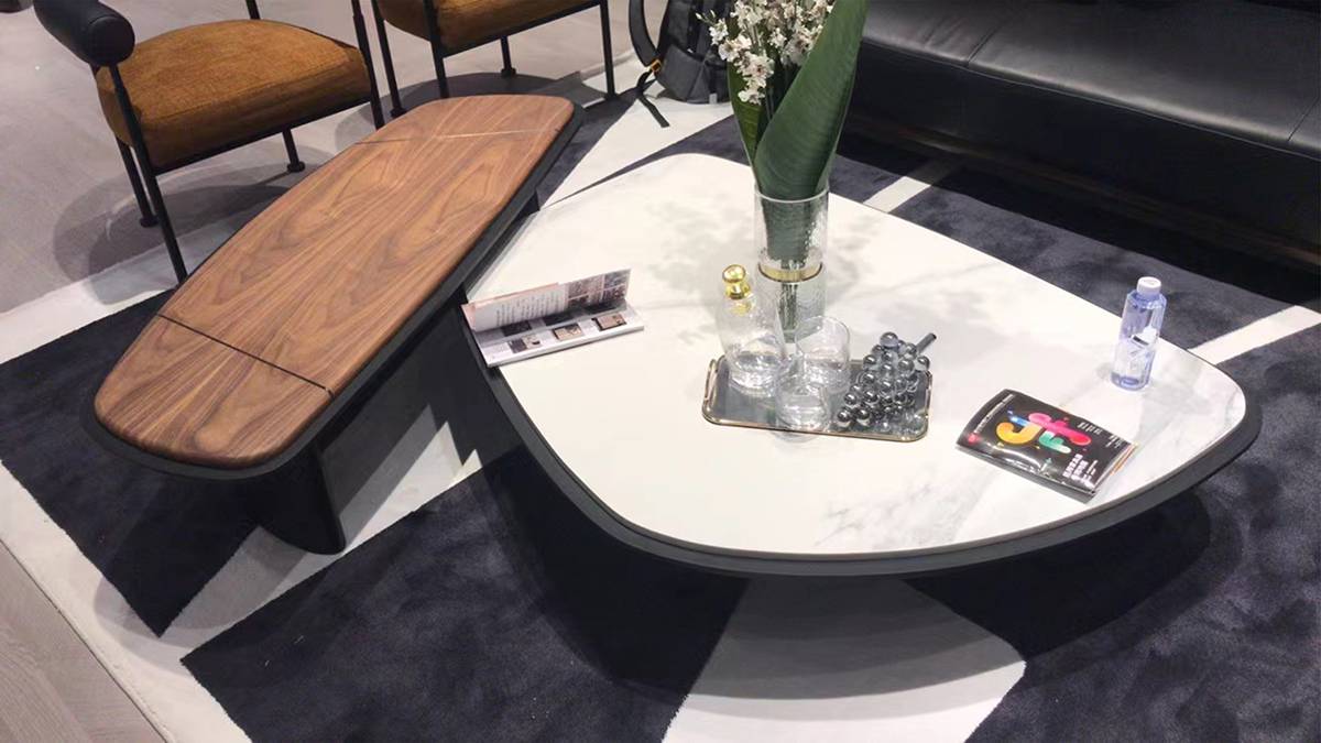 Wide shot of the coffee table set in a living room environment