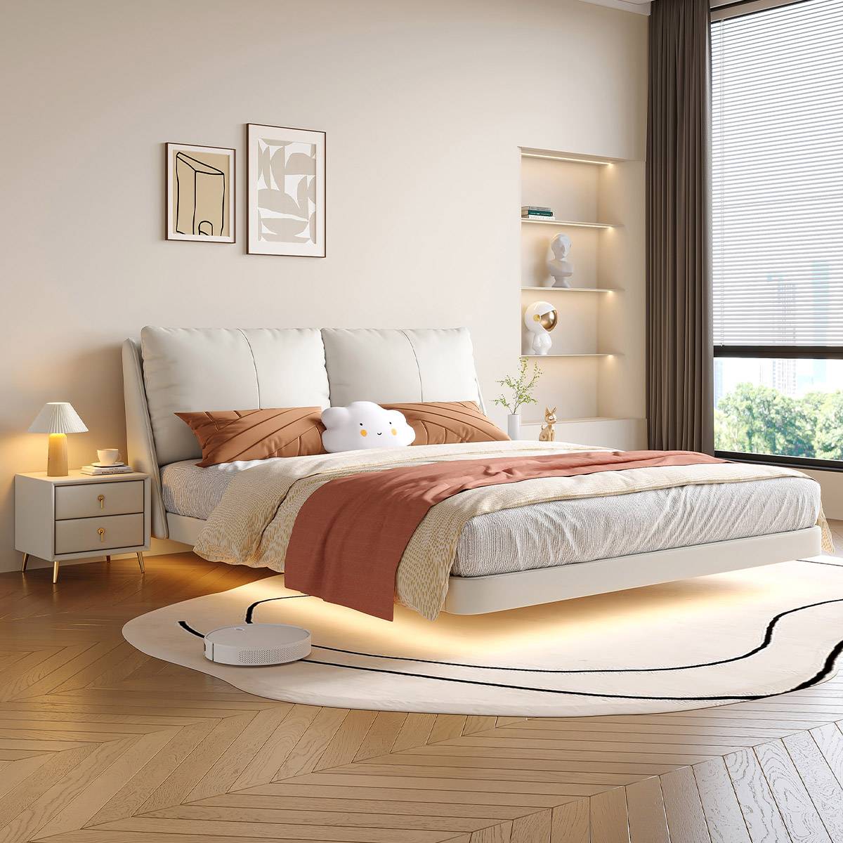 Side view of the white floating bed in a modern bedroom setting with LED lighting underneath