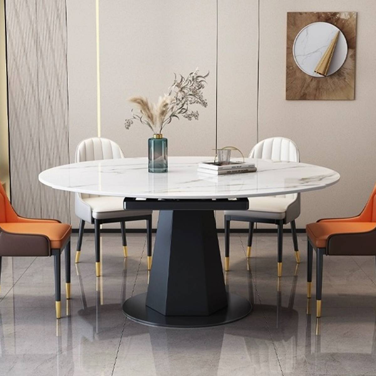 Front view of the dining table in a white marble finish with a black geometric base.