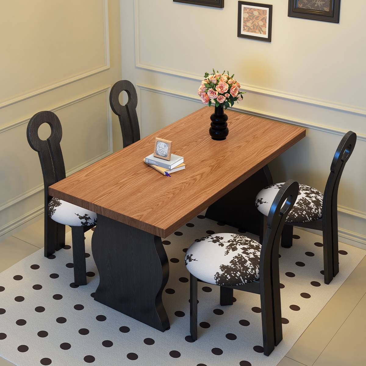 Dining table set with black chairs featuring patterned cushions