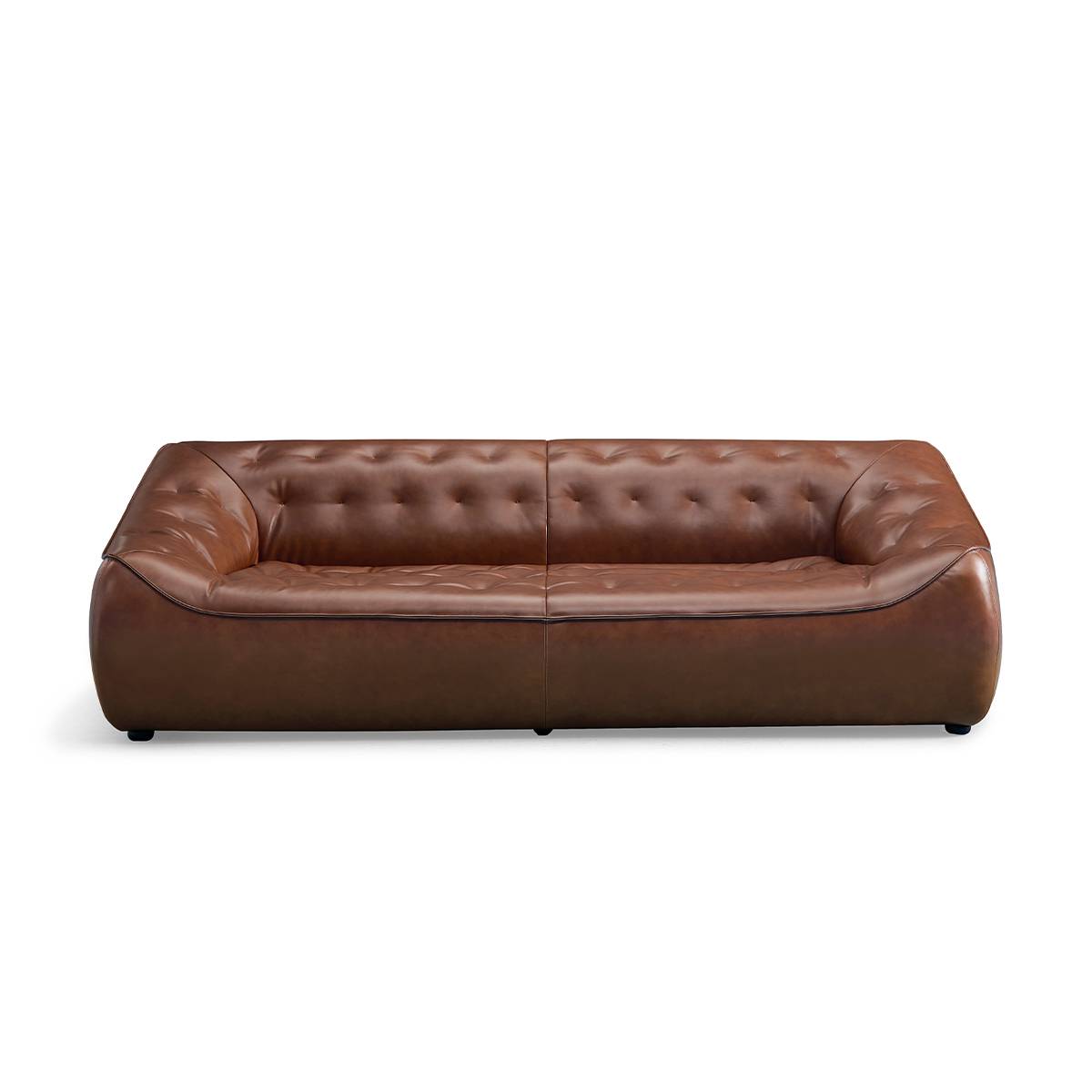 Front view of brown leather tufted sofa