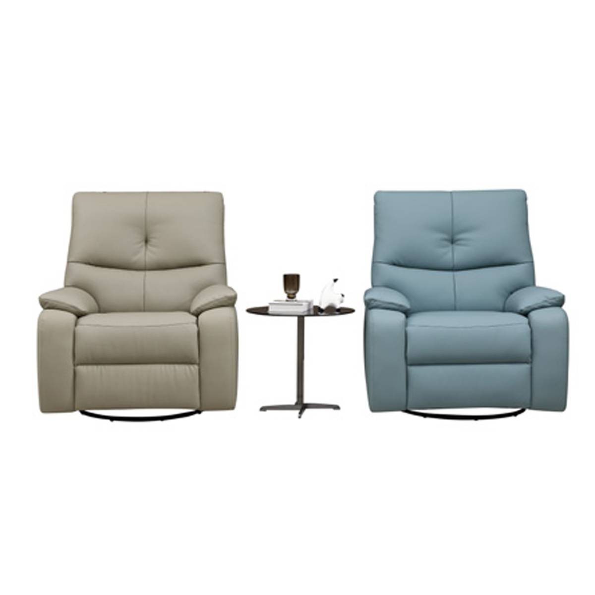 Front view of beige and blue manual recliner chairs with side table