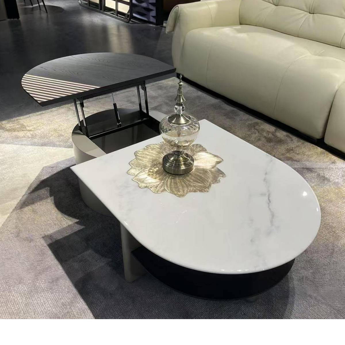 Coffee table with lift-top mechanism raised, revealing storage space