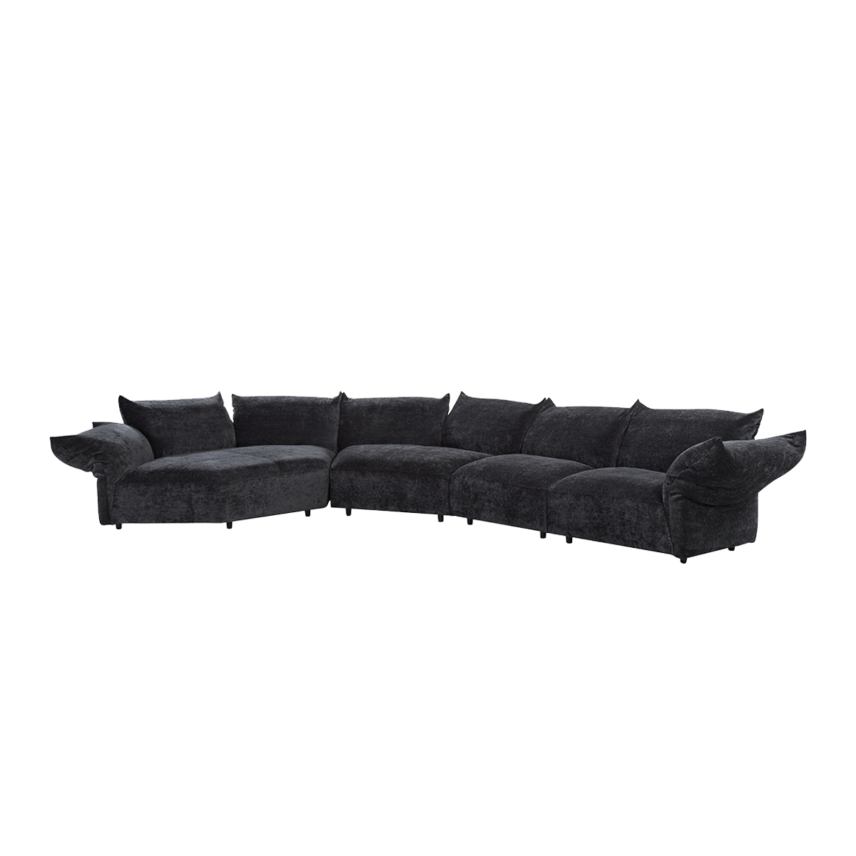 Side view of the dark grey curved sofa against a white background