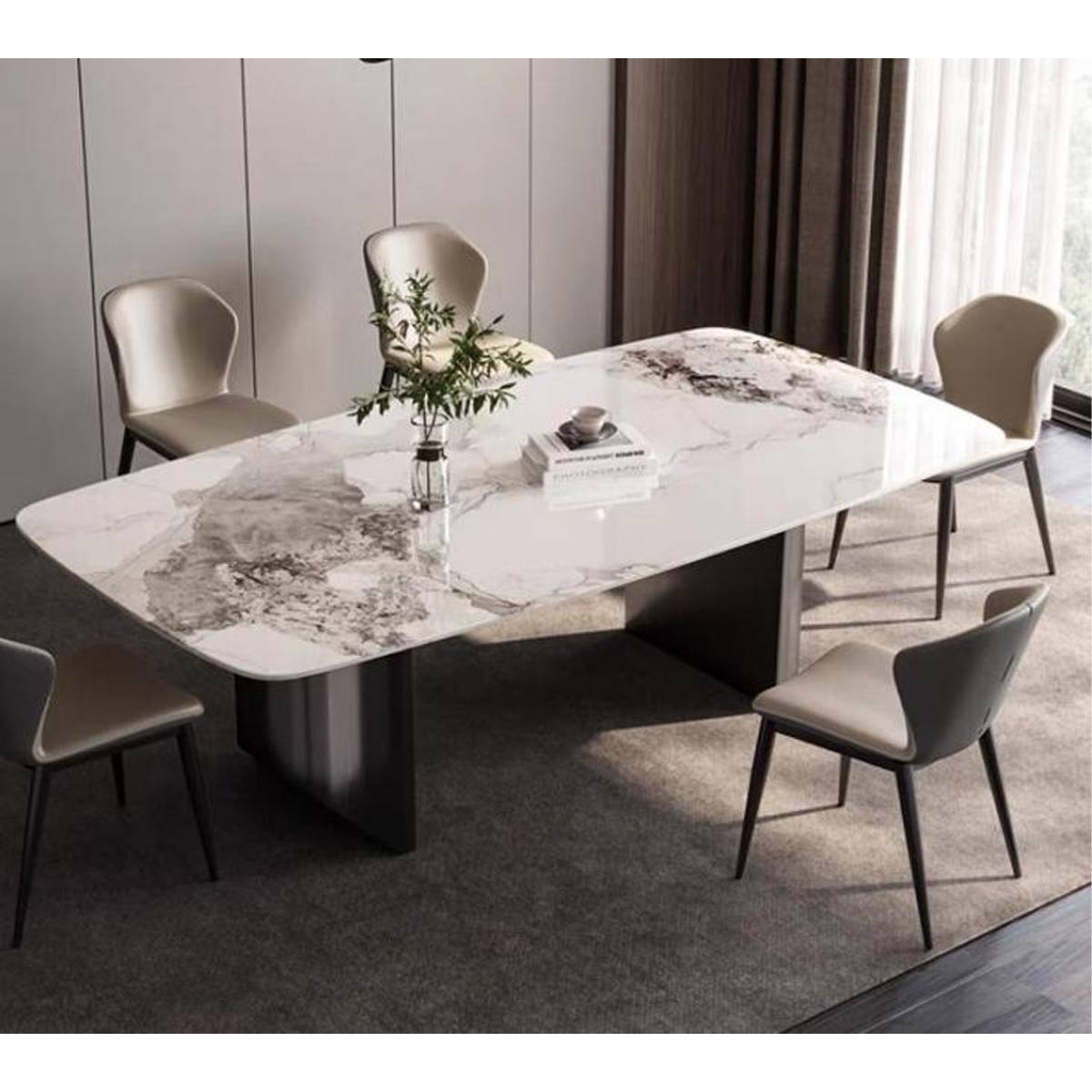 High-angle view of the Z60 dining table showing the marble-like pattern of the sintered stone top.