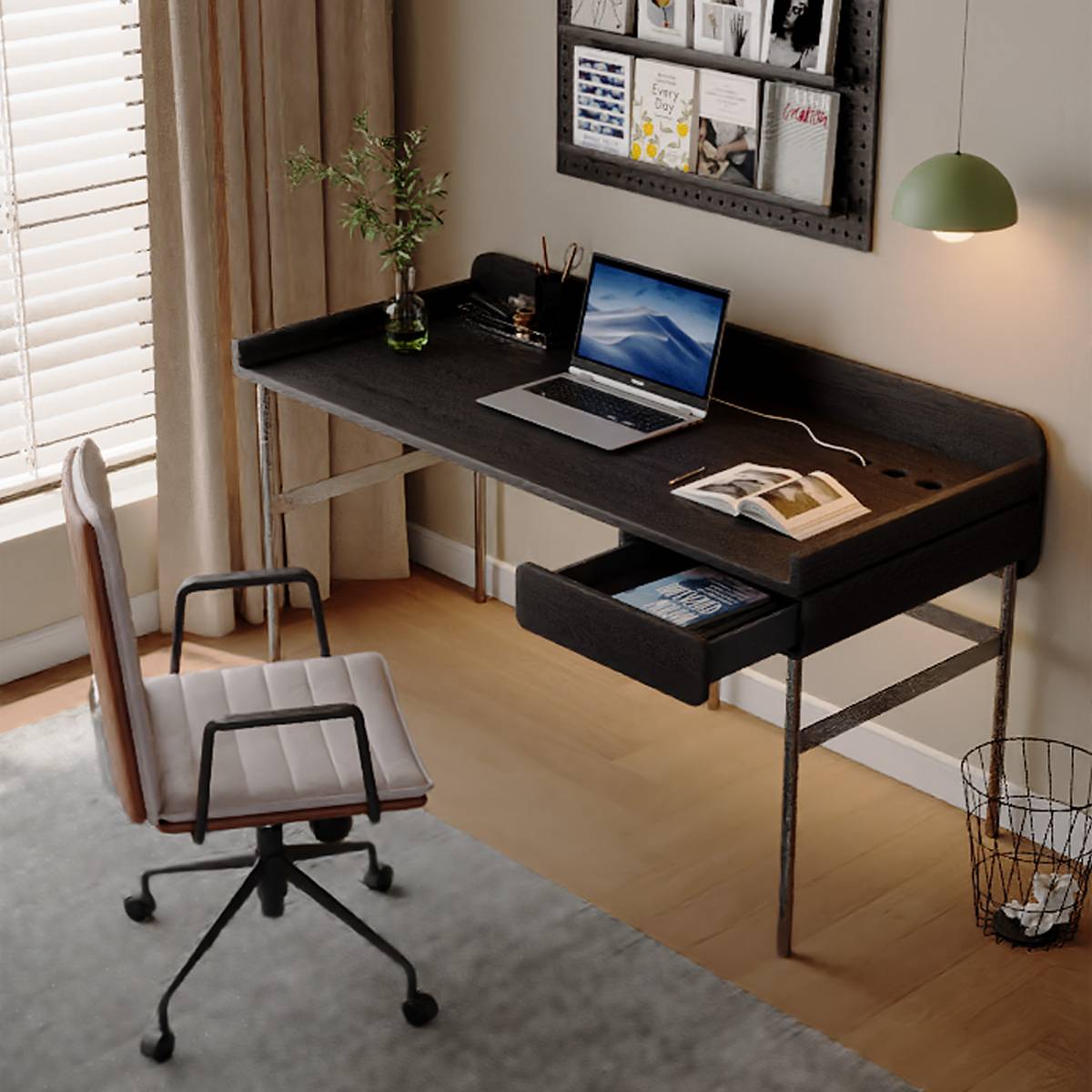 High angle view of the desk with the drawer open