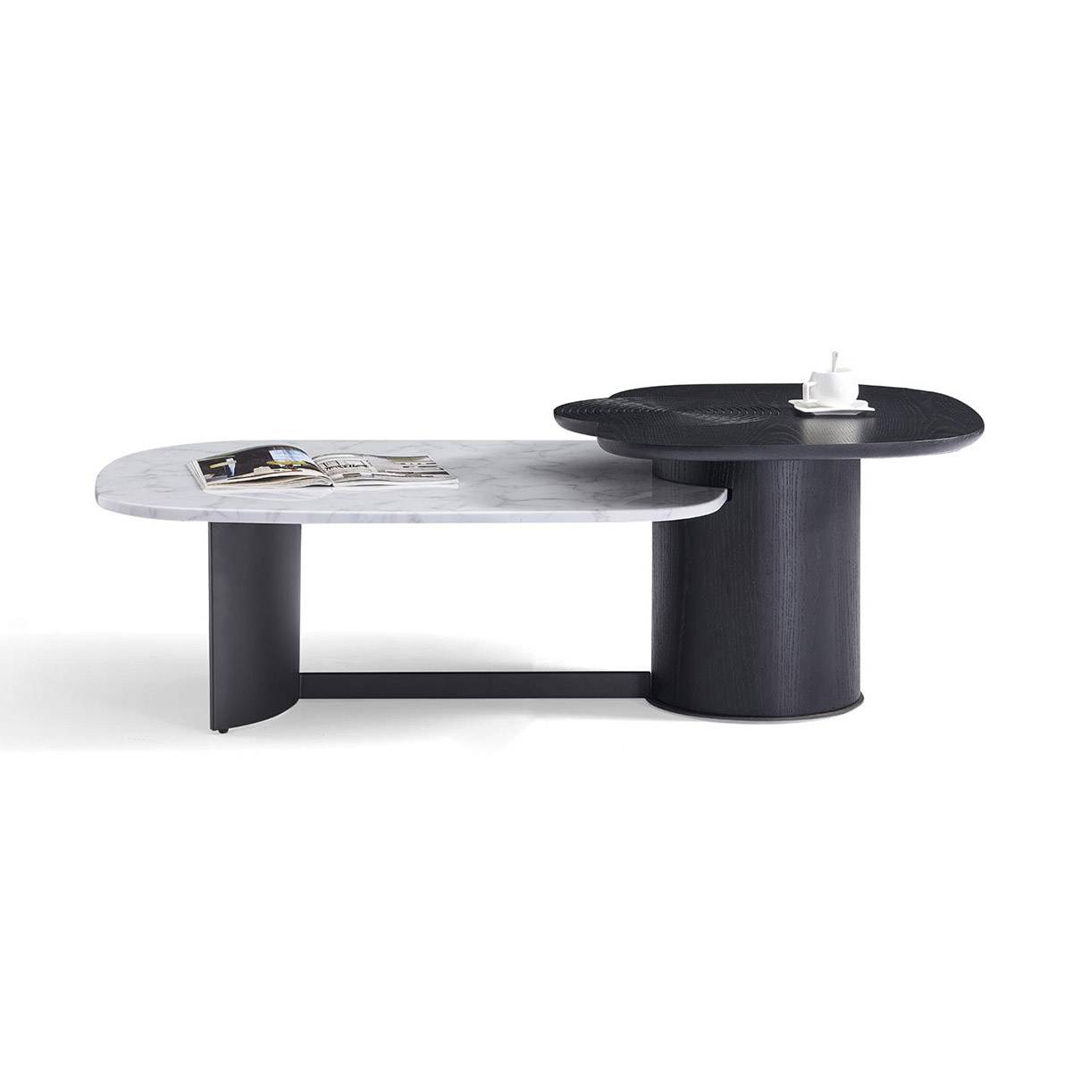 Side profile view of the coffee table showing the steel frame and cylindrical base