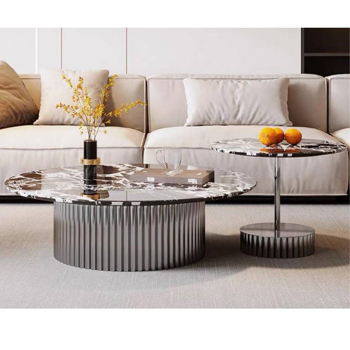 Front view of Bulgari Black marble coffee table set in a living room setting