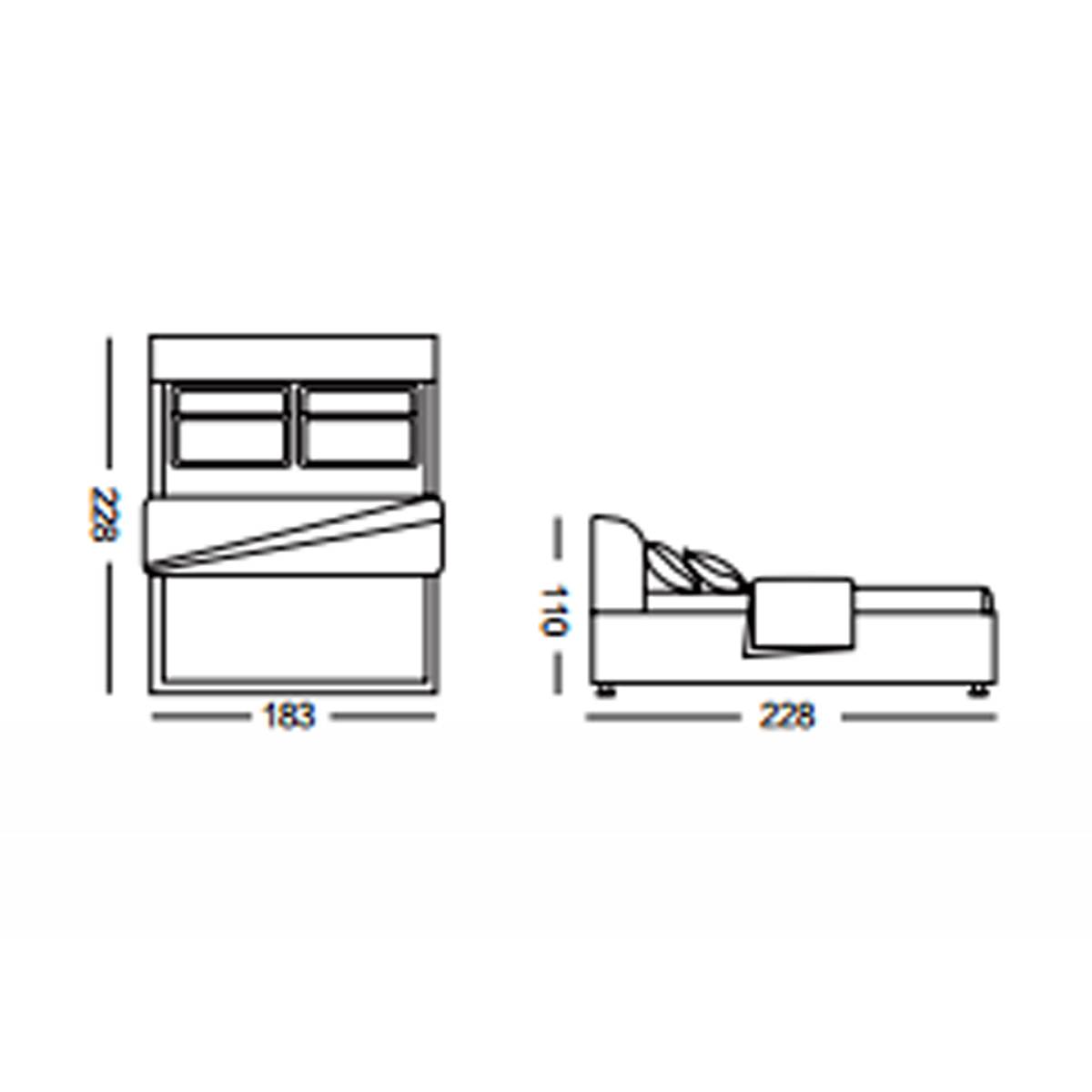 Technical line drawing showing the dimensions of the bed: 228cm length, 183cm width, and 110cm height