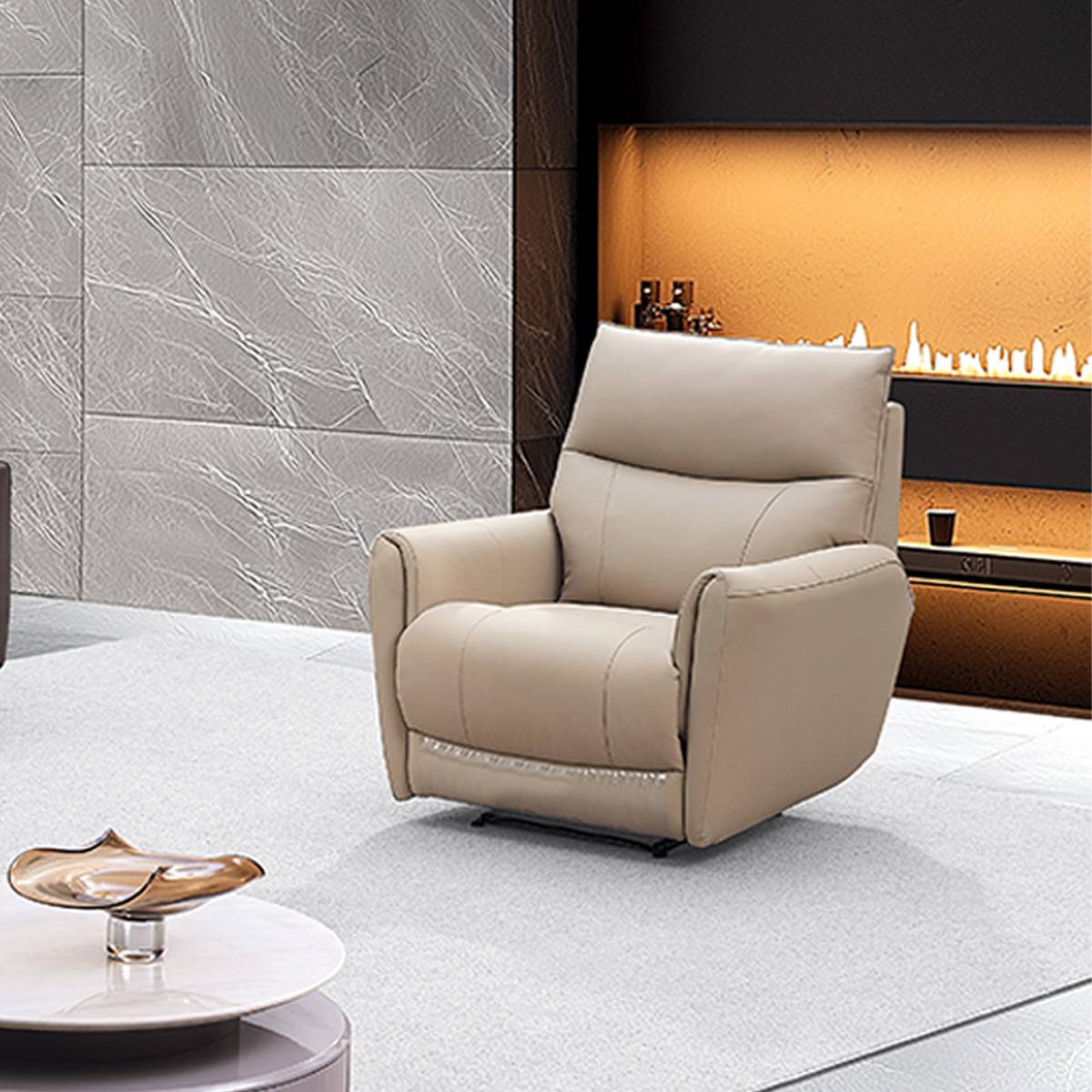 Close-up of the beige leather recliner chair matching the sofa set