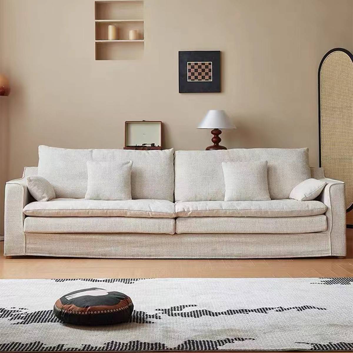 Front view of the sofa showing the full width and cushion arrangement