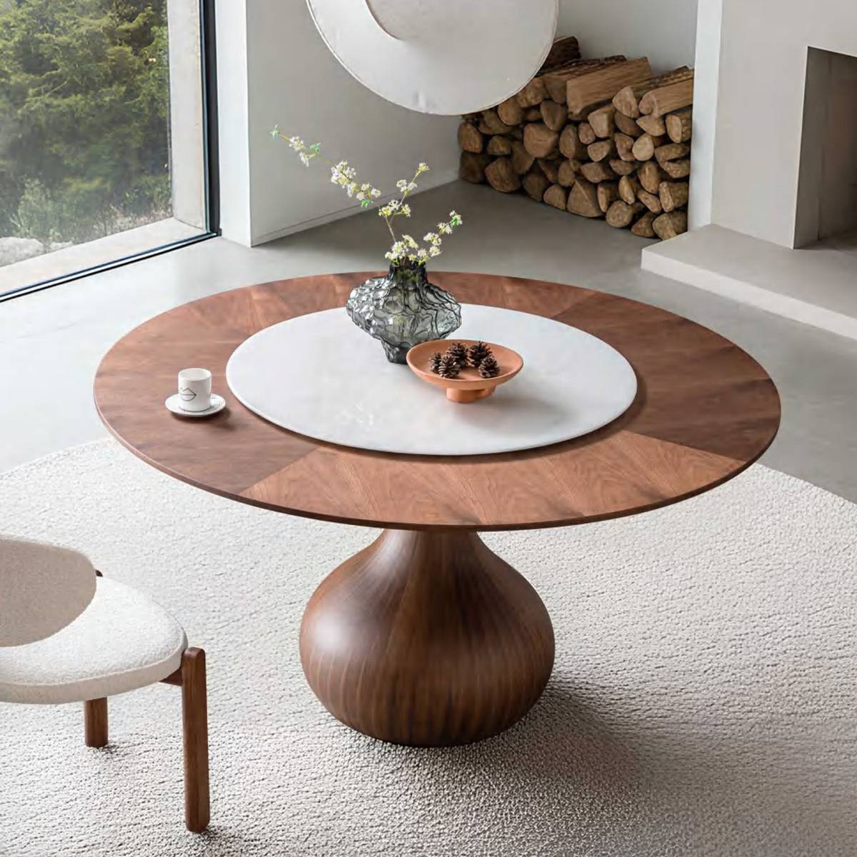 Top-down view of the dining table showing the wood grain and stone center