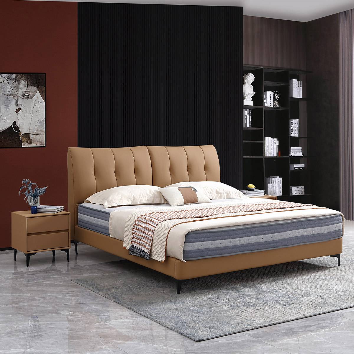 Side view of the bed in a bedroom environment with bookshelf