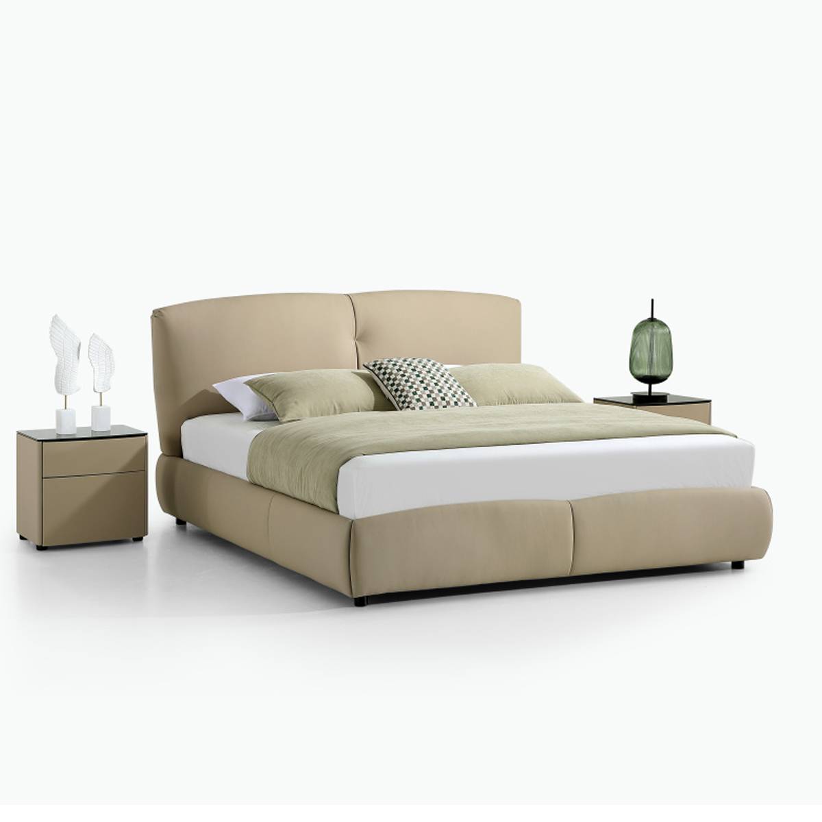 Side angle view of the beige leather bed highlighting the frame and base