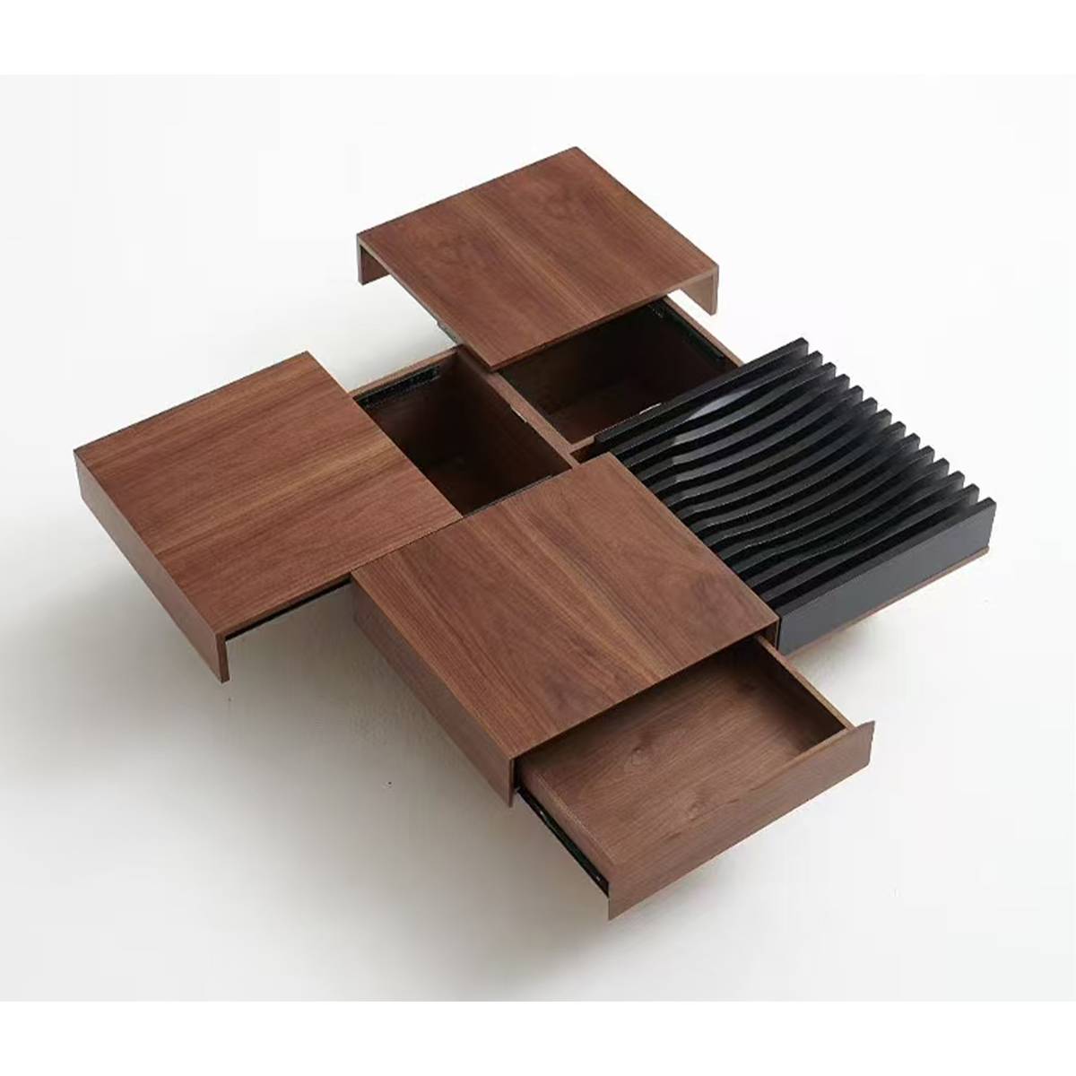 Coffee table with open compartments and drawer showing storage functionality