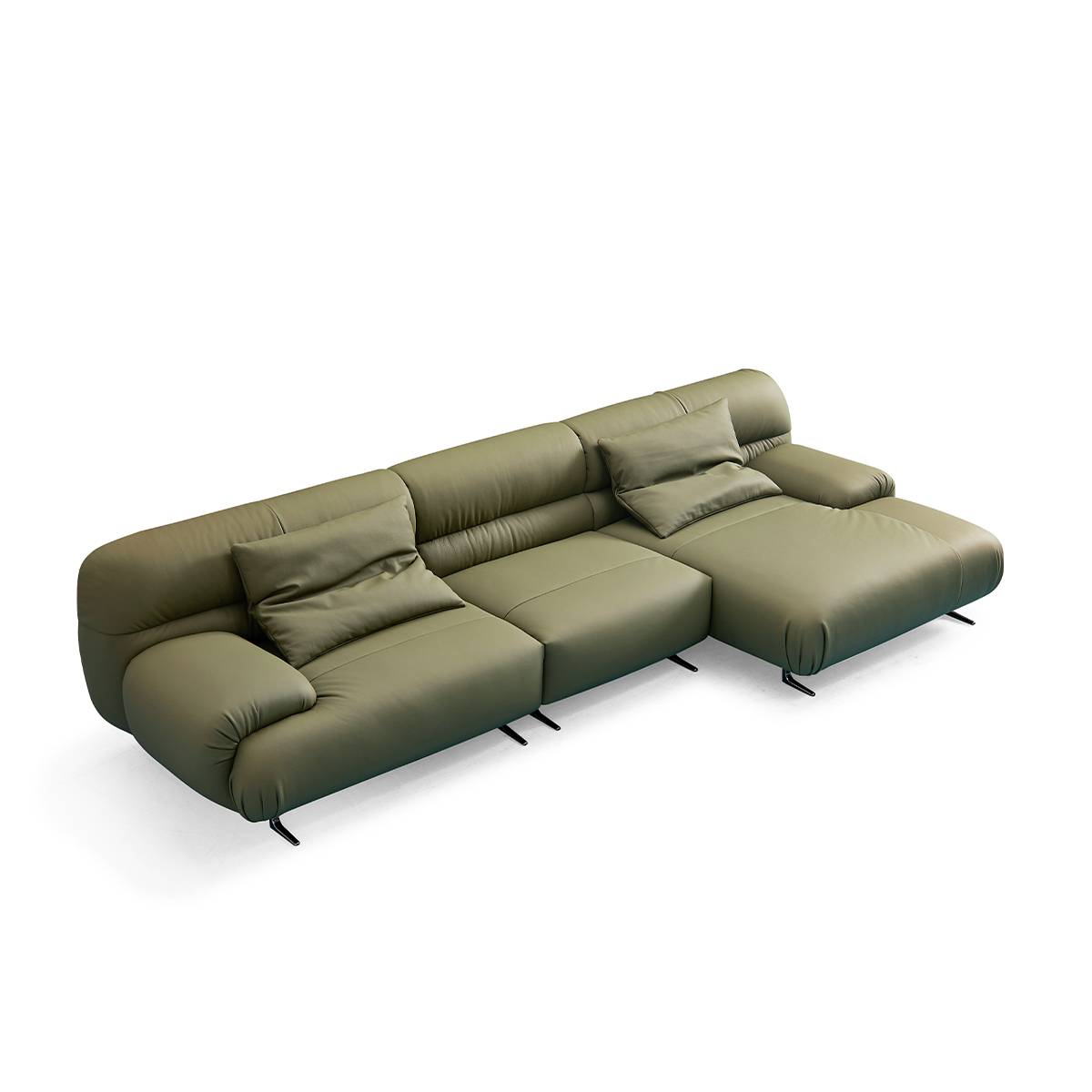 High angle view of olive green leather modular sofa