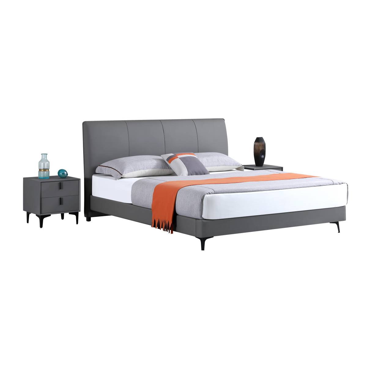Leather Bed Set (1 Bed + 2 Nightstands + Mattress) (Z11-K9207B)