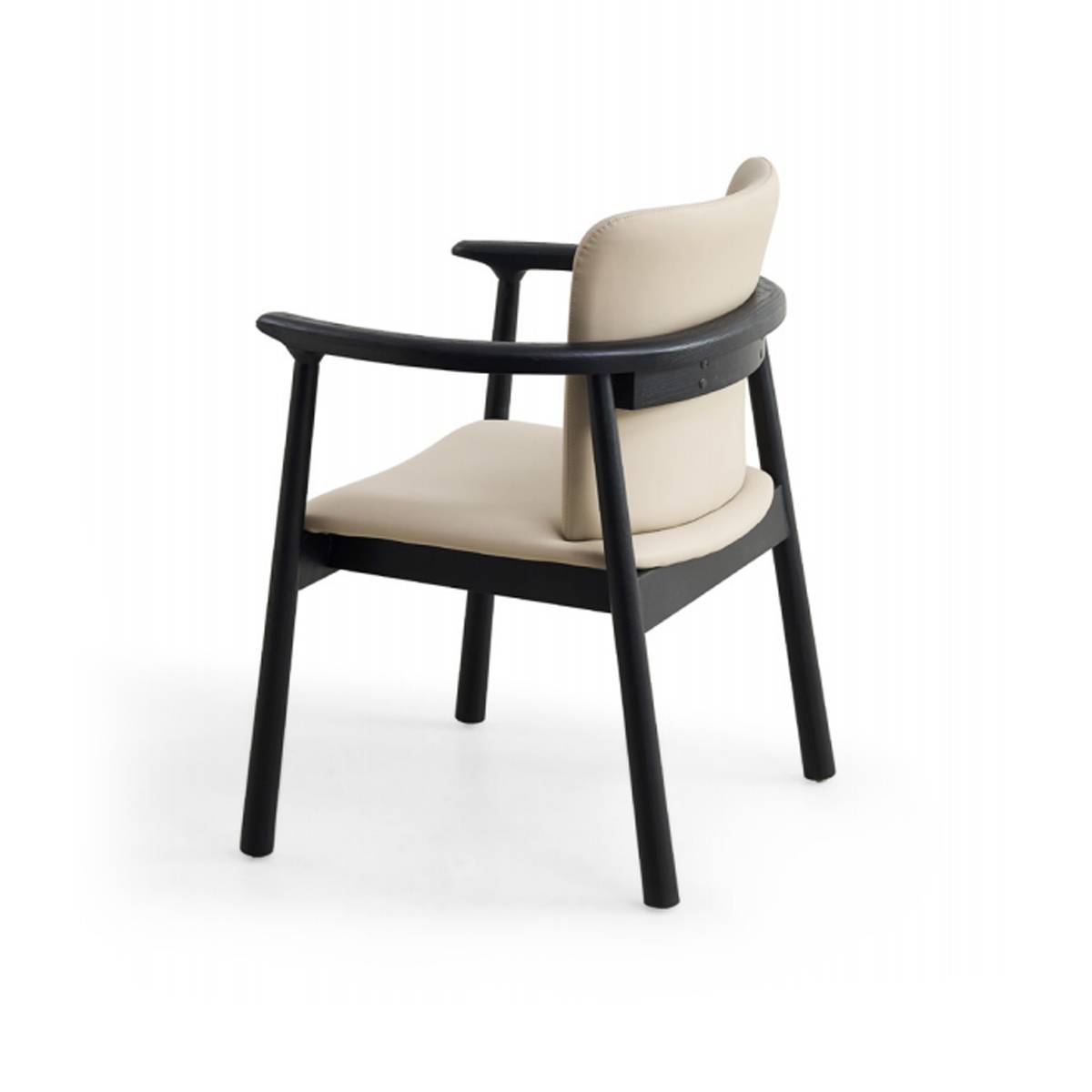 Rear view of beige armchair showing backrest and frame construction