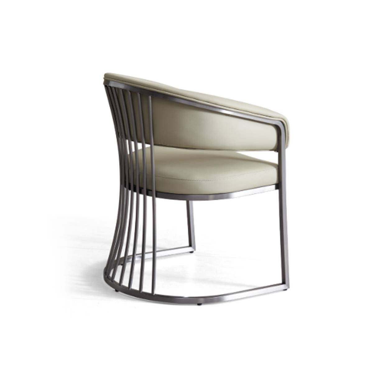 Side view of the modern dining chair showing the curved metal frame and leather seat