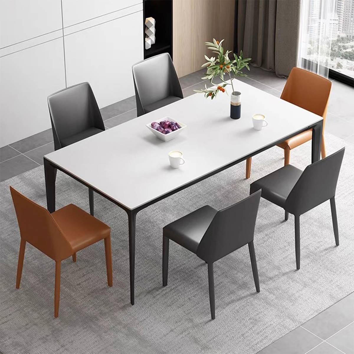 White sintered stone dining table with black frame