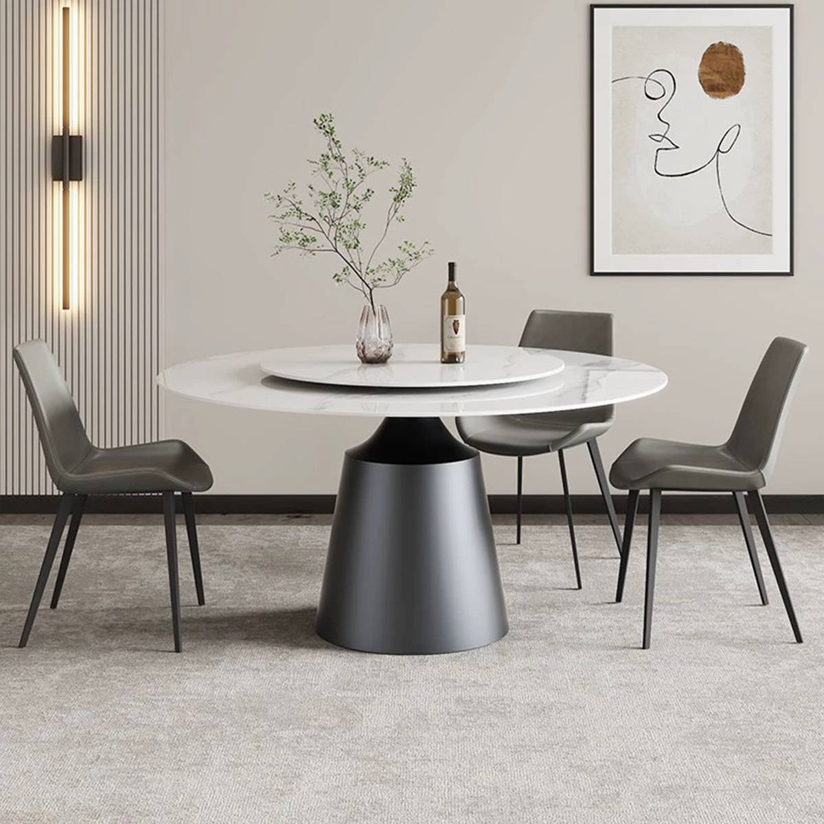 White sintered stone round dining table with grey chairs