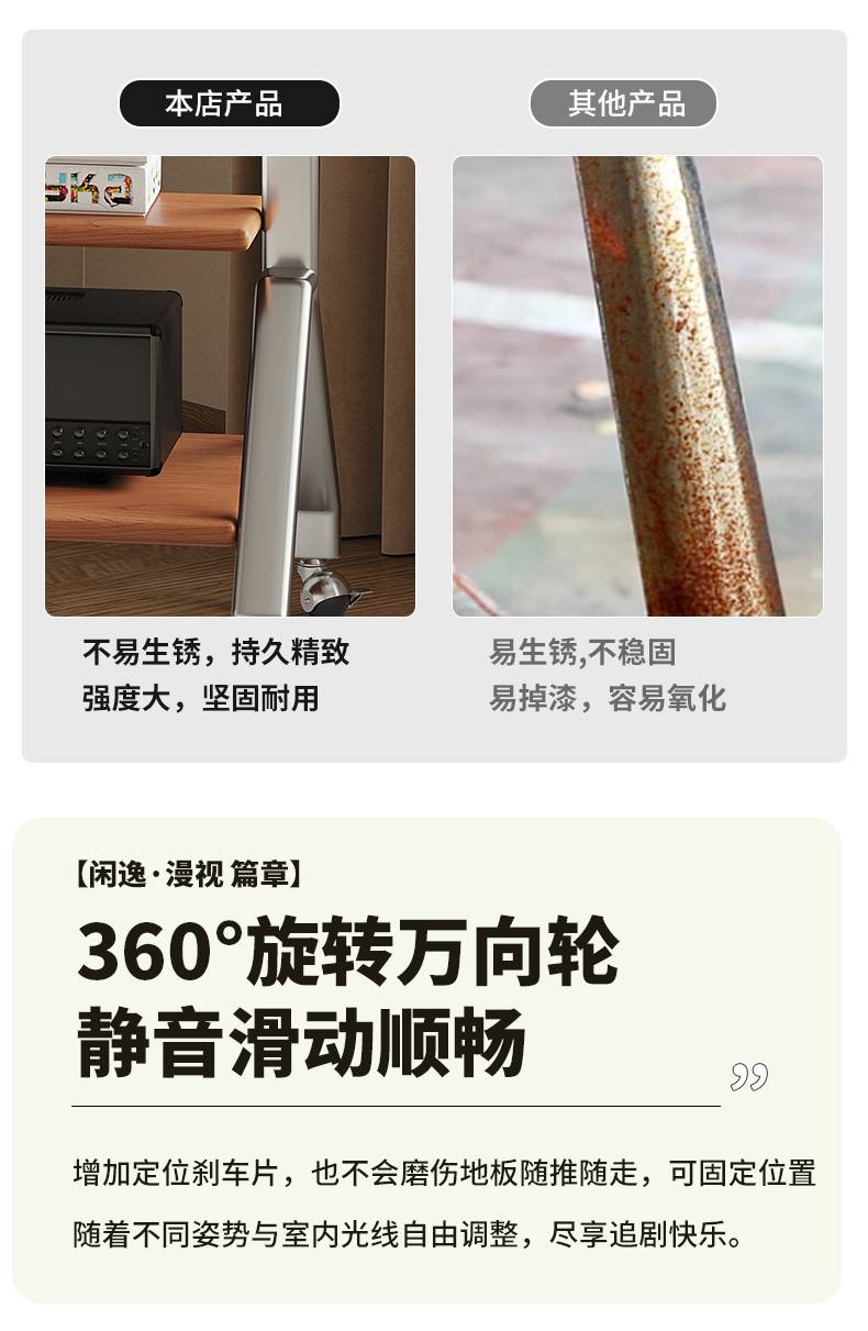 Comparison showing the rust-resistant stainless steel leg versus a rusty competitor product
