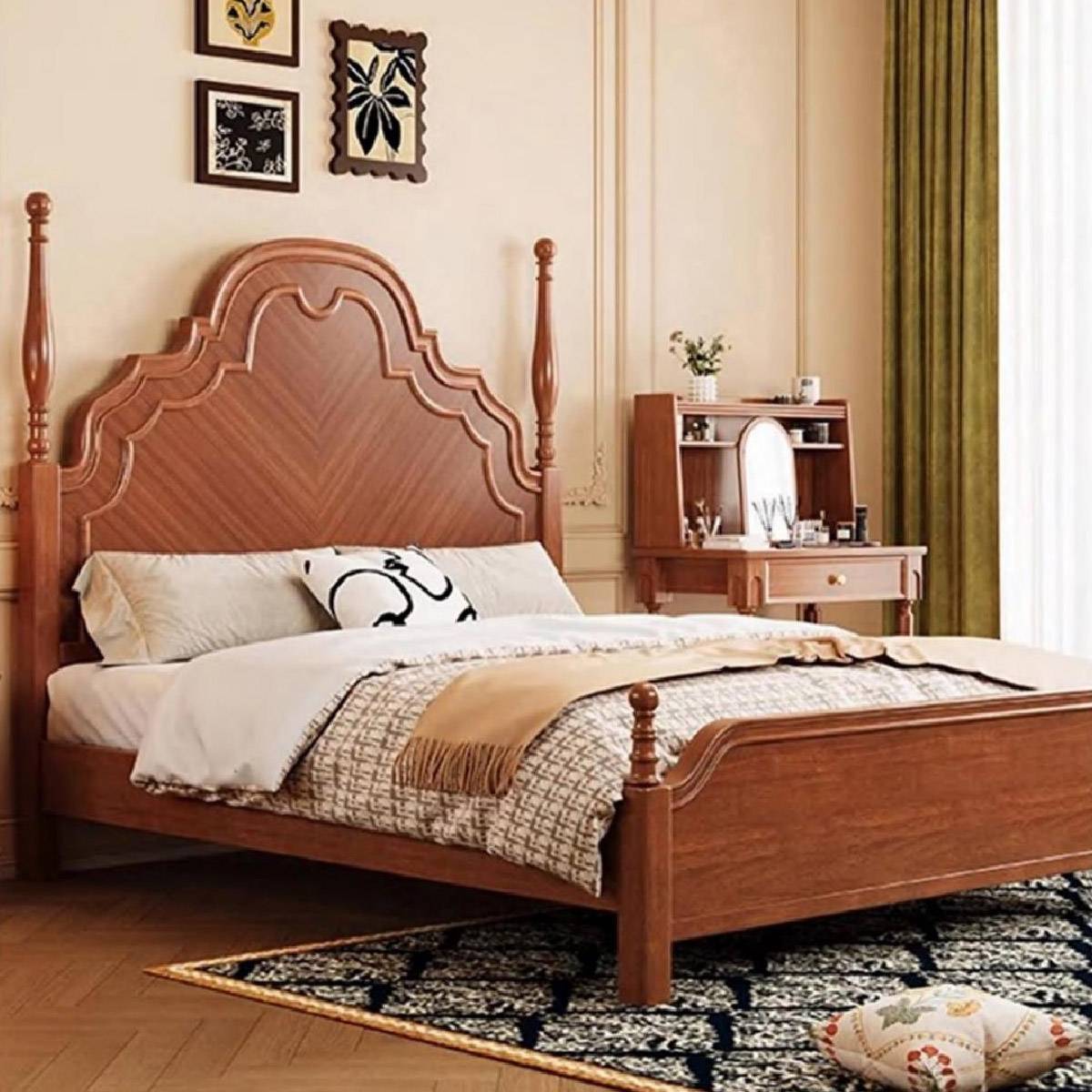 Side view of the bed in a lighter mid-century wood finish