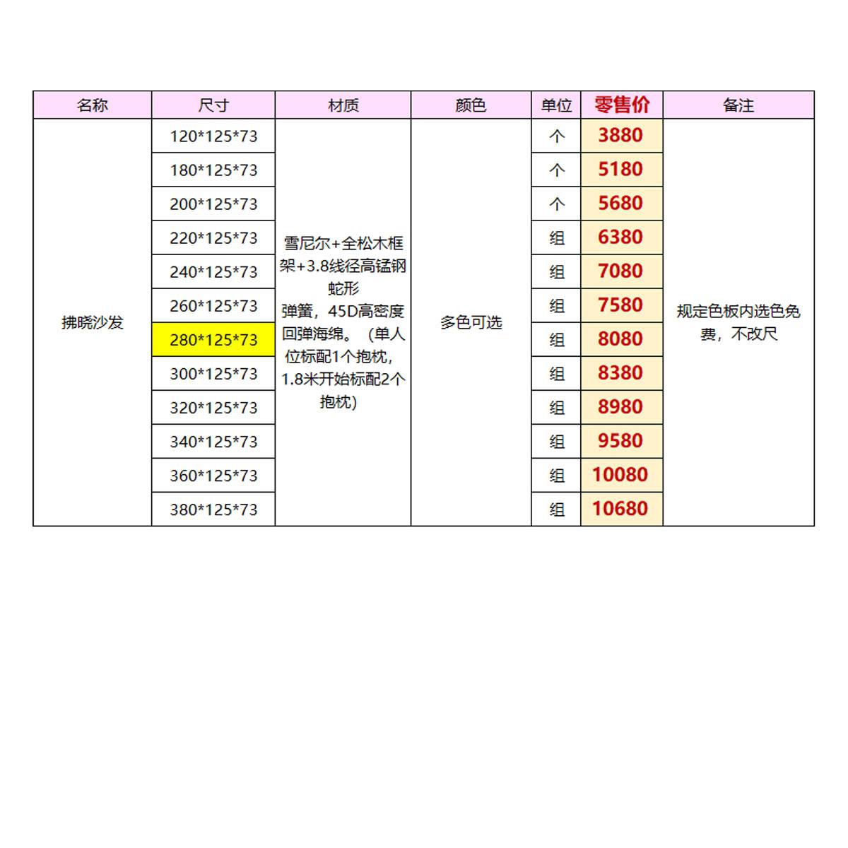 Product specification table showing dimensions, materials, and pricing for the Dawn Sofa