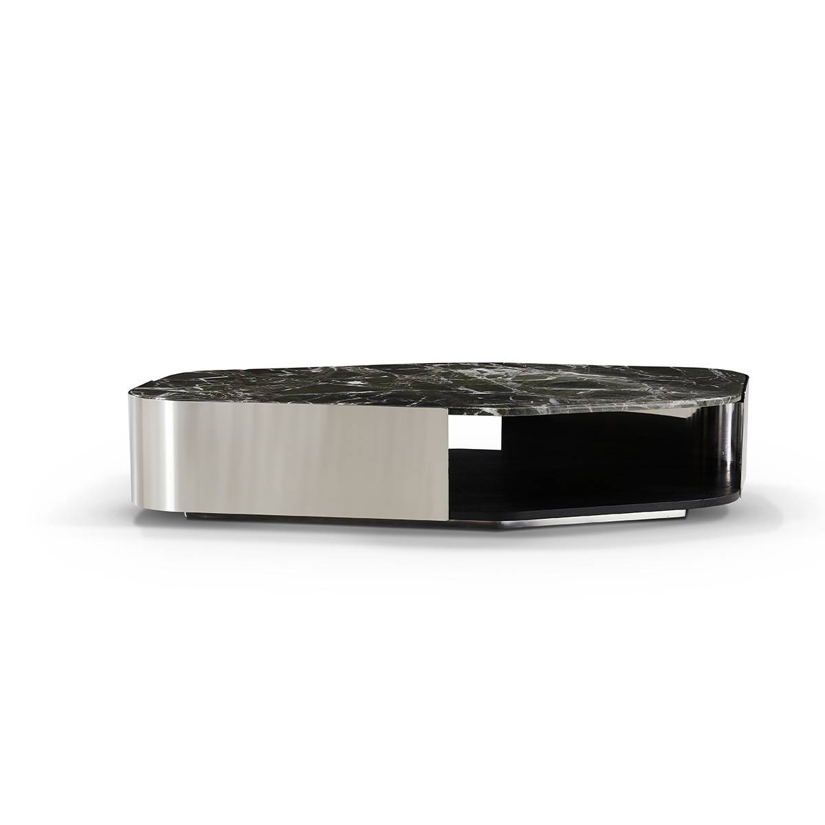 Front view of the coffee table highlighting the green marble top and black lacquered base