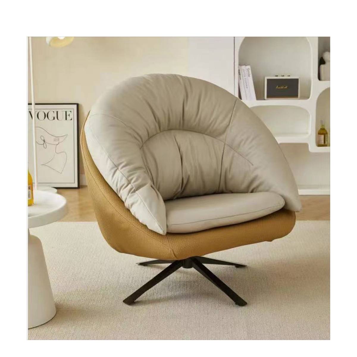 Beige and tan leatherette swivel lounge chair