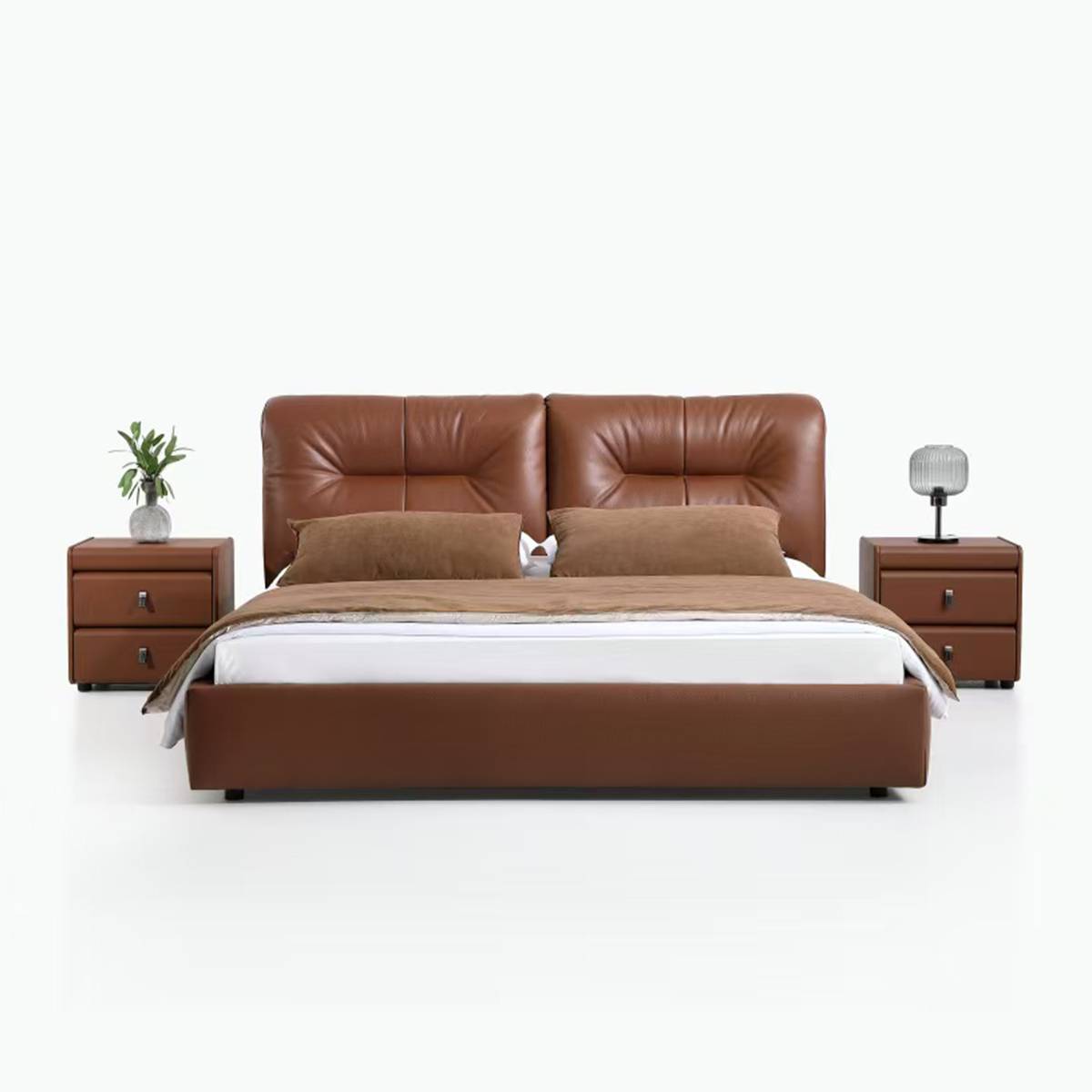 Front view of brown leather bed with tufted headboard