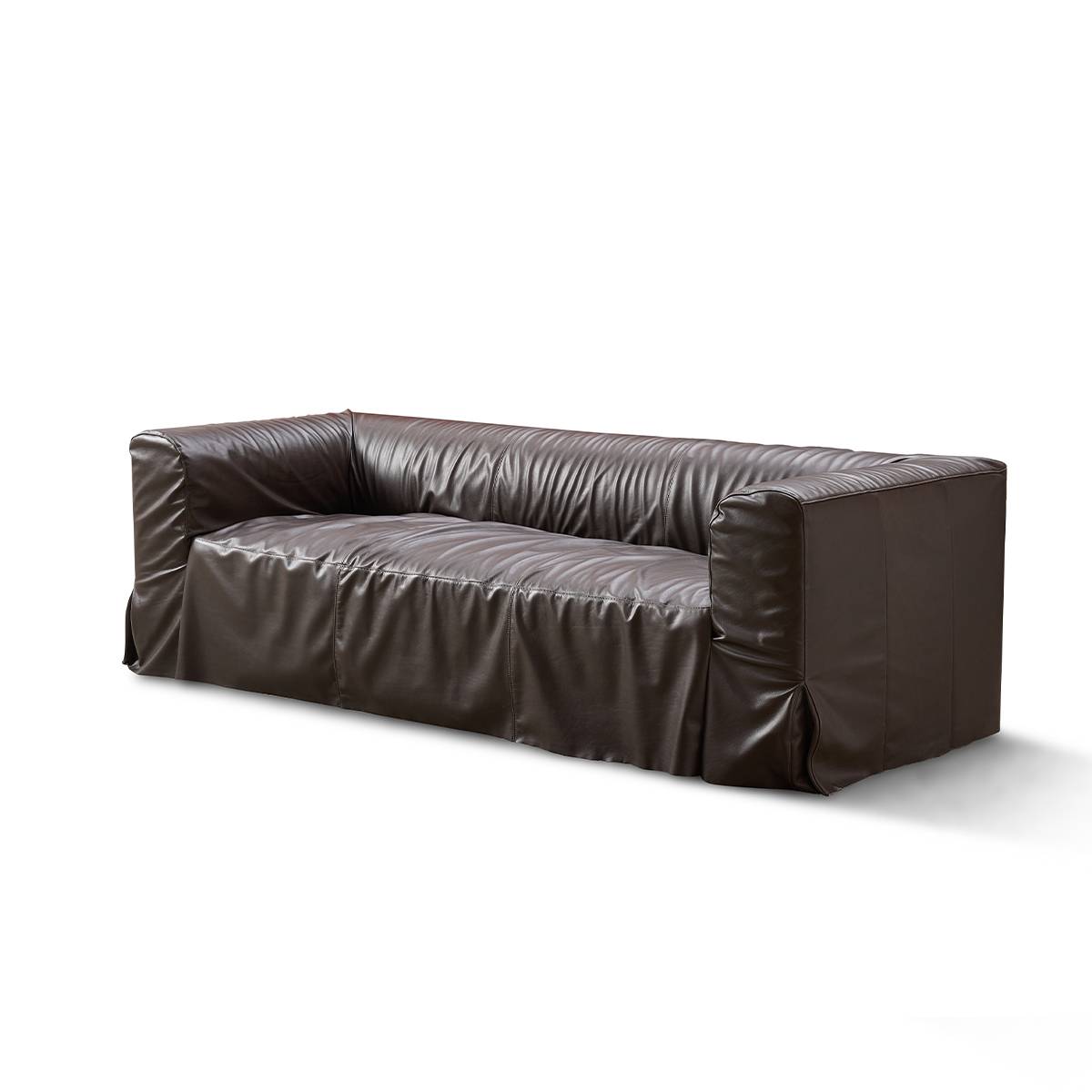 Side angle view of brown leather sofa