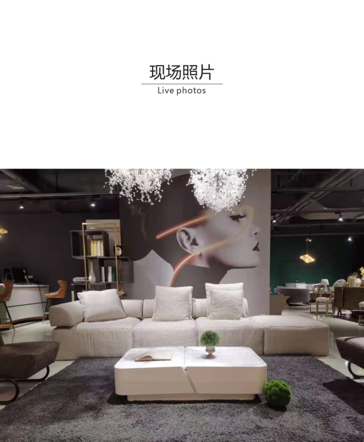 Full view of the sofa in a showroom setting with a large wall mural