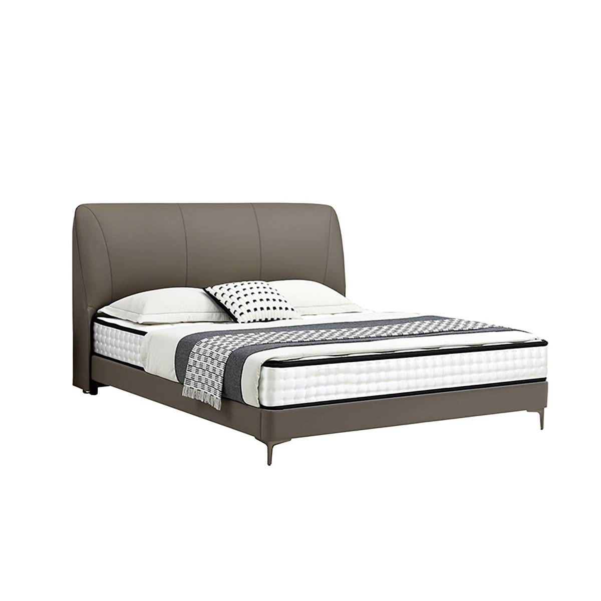 Full view of the grey leather Elephant Bed in a modern bedroom setting