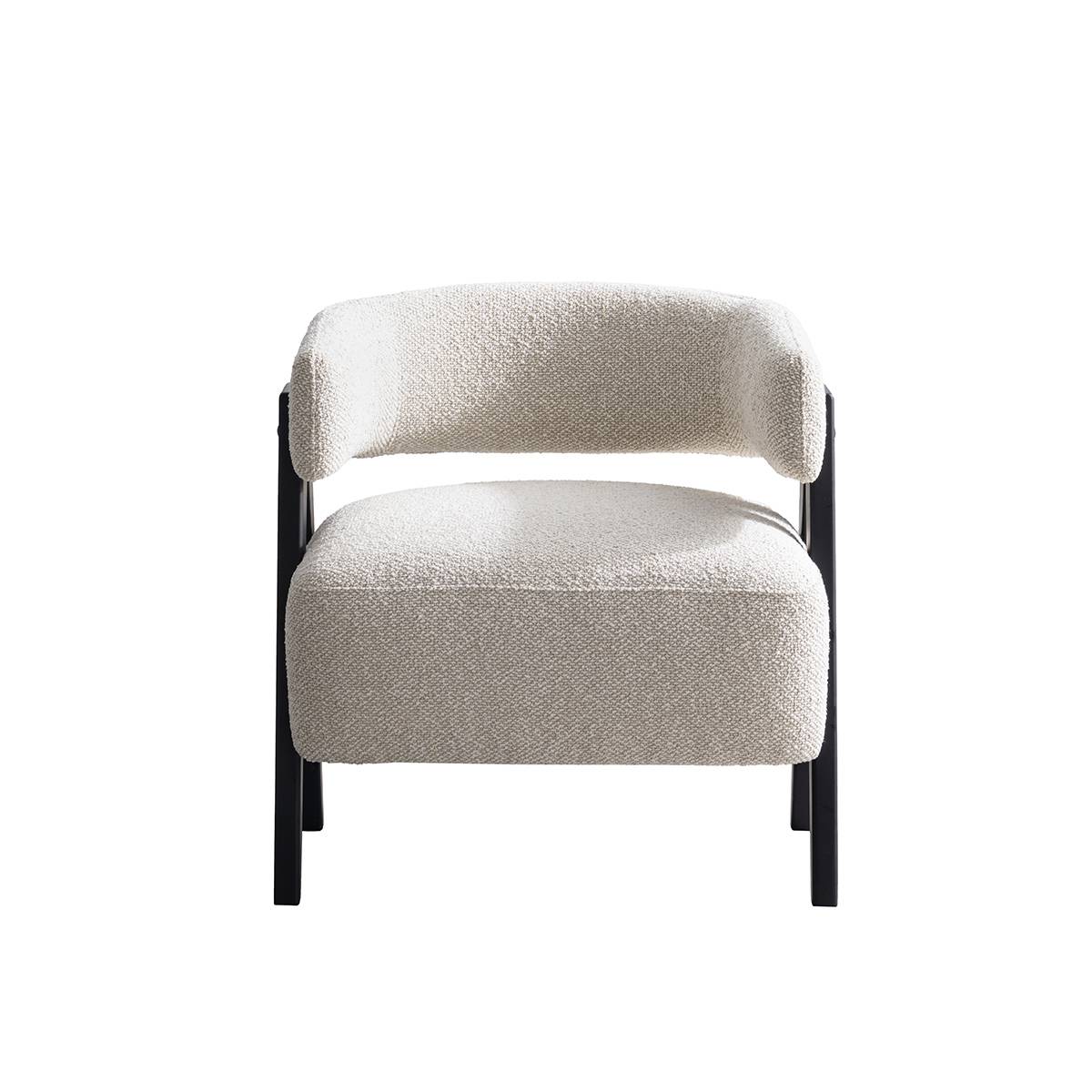Front view of a beige boucle lounge chair with black wooden legs