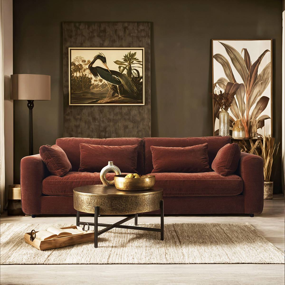 Brown fabric sofa in living room setting