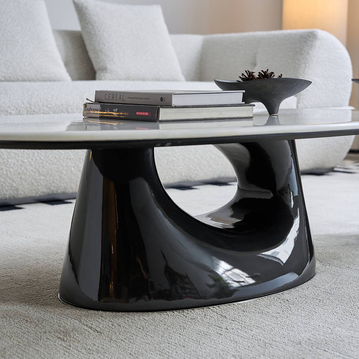 Detailed shot of the marble texture on the coffee table surface