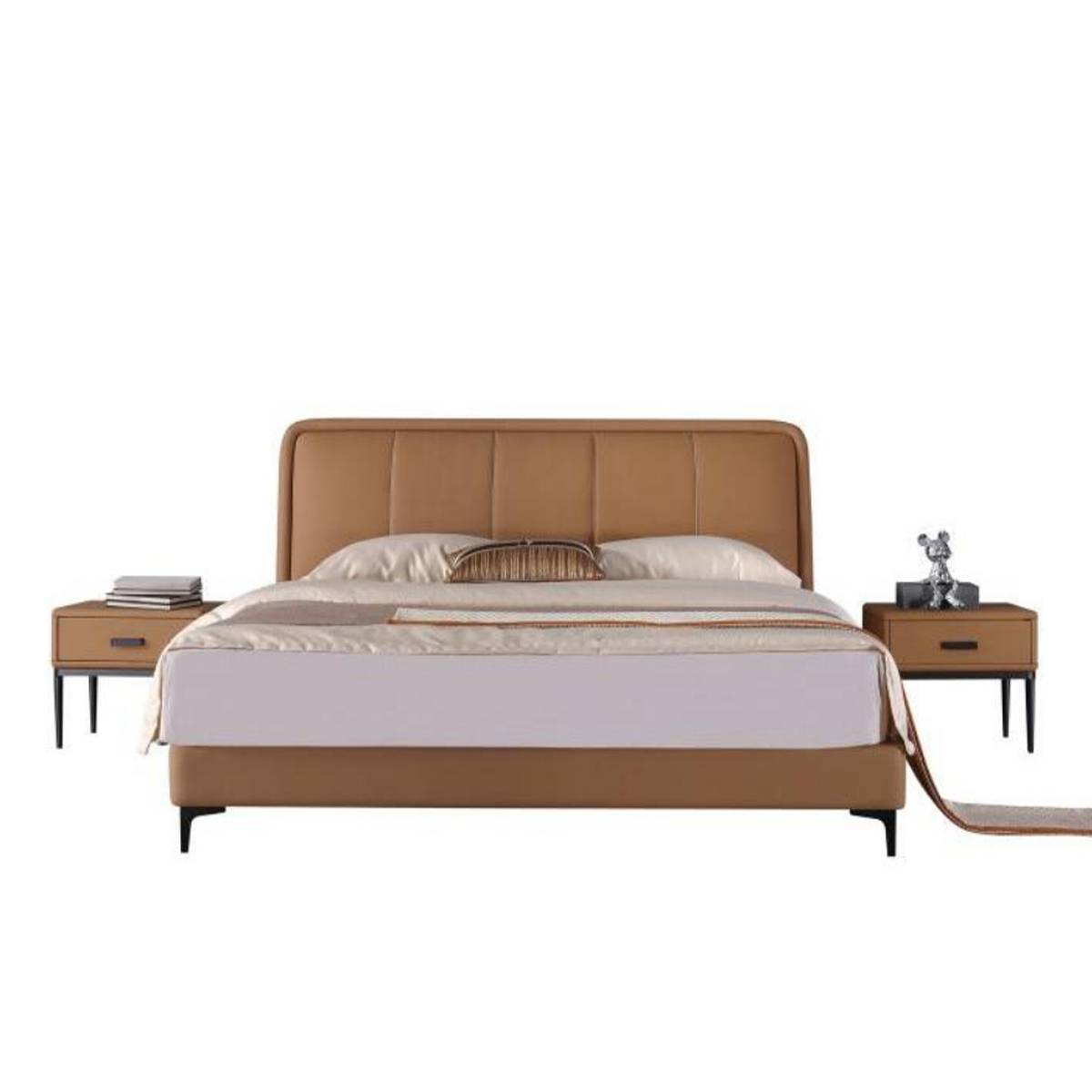 Front view of the brown leather bed with matching bedside tables