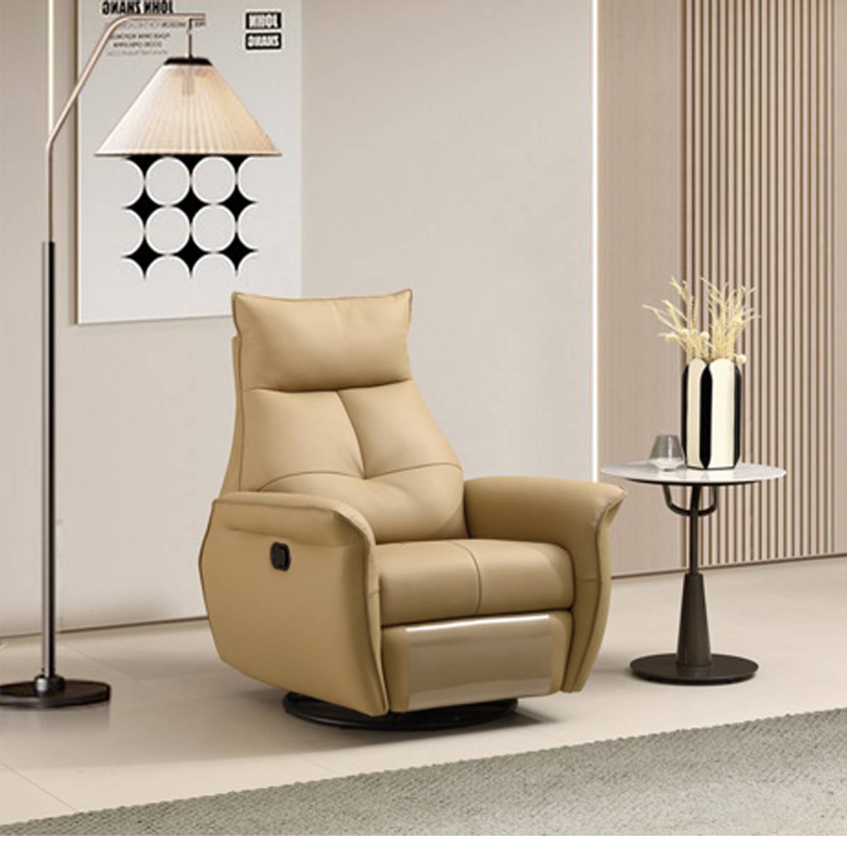 Three-quarter view of beige leather recliner chair