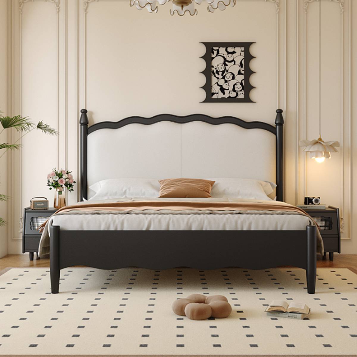 Black wood mid-century bed with cream leather headboard