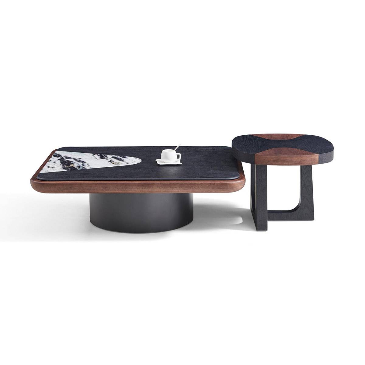 Side profile view of the coffee table set highlighting the cylindrical base and geometric side table frame.